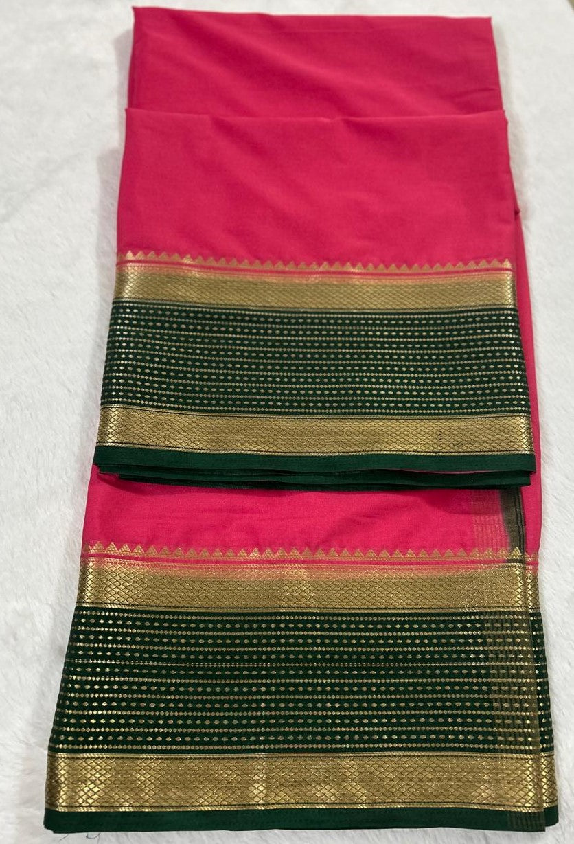 2D Semi Mysore Crepe Silk Saree- Pink & Green