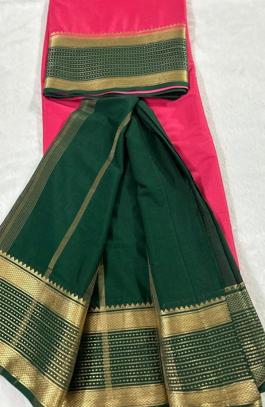 2D Semi Mysore Crepe Silk Saree- Pink & Green